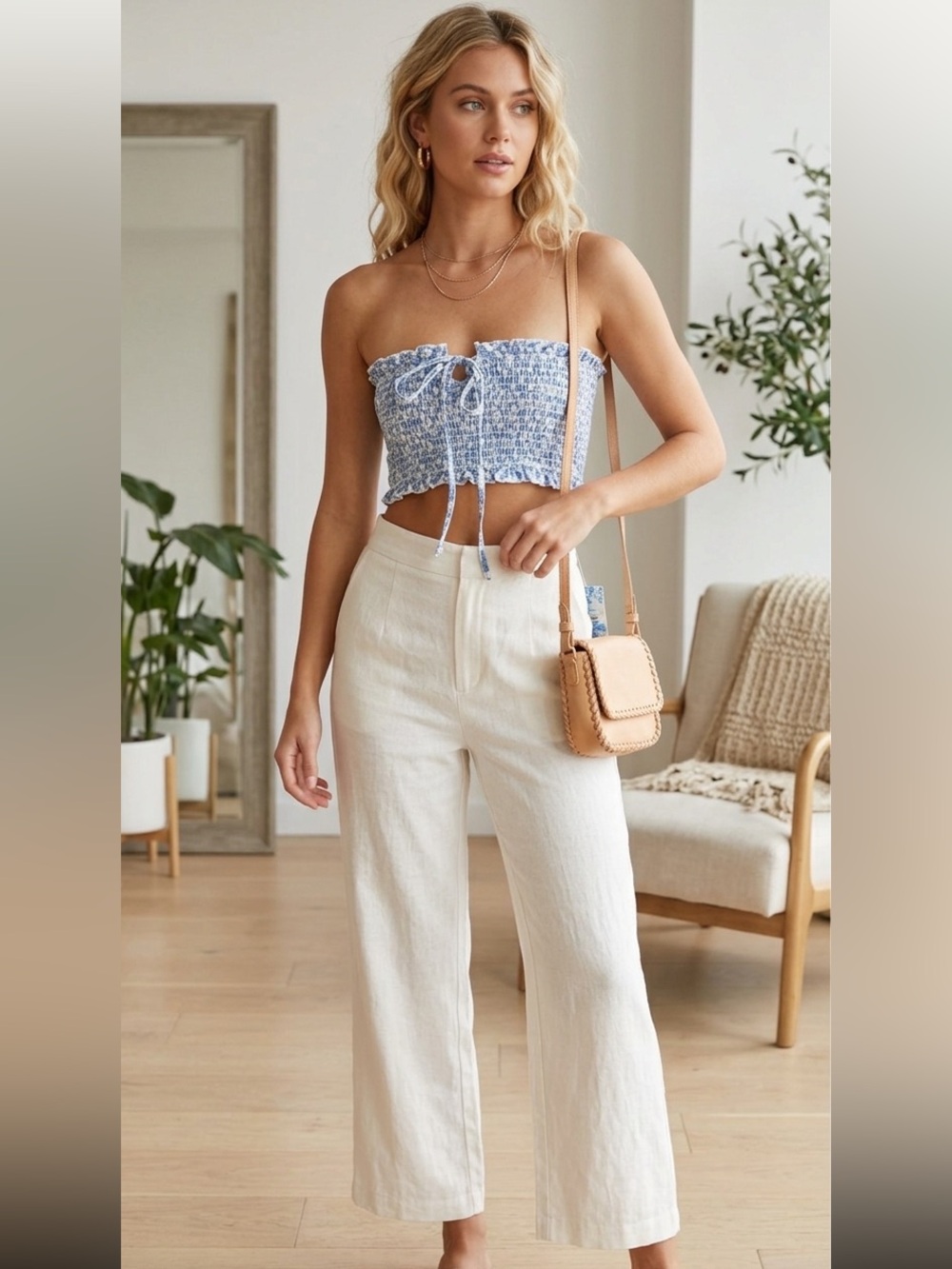 Lost + Wander Cottagecore Floral Smocked Bikini Top Blue White NWT Large